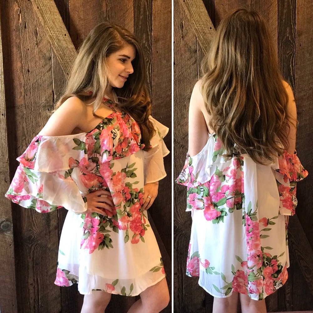 Entro Pink Green Floral Halter Ring Cute Dress